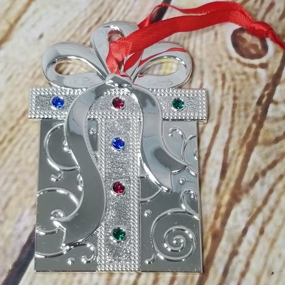 Lenox Silver Plated Ornament with Red Ribbon and 6 Colorful Gems NIB